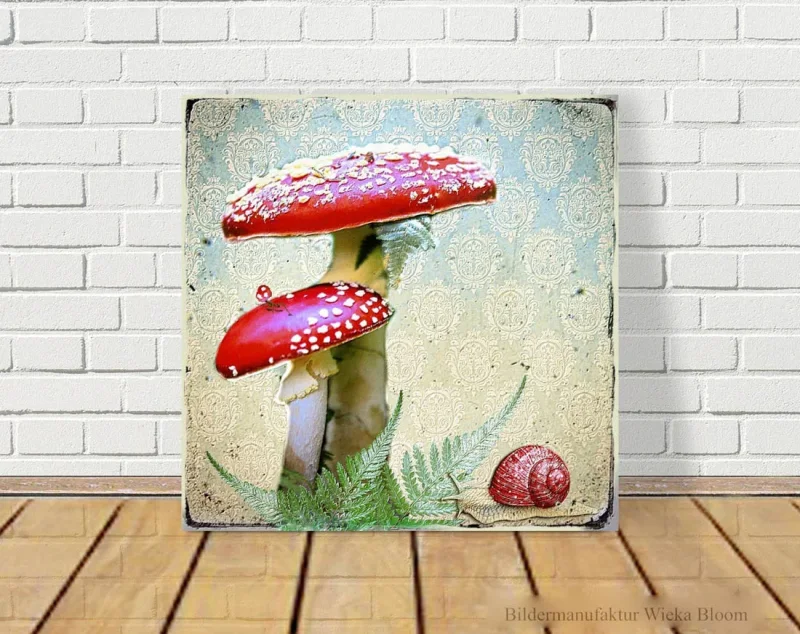 Fliegenpilz und Schnecke, Wandbild im Vintage Style, Landhausstil als Leinwandbild
