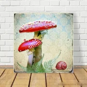 Fliegenpilz und Schnecke, Wandbild im Vintage Style, Landhausstil als Leinwandbild
