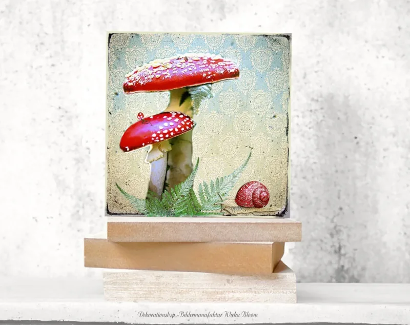 Fliegenpilz und Schnecke, Wandbild im Vintage Style, Landhausstil als Holzdruck