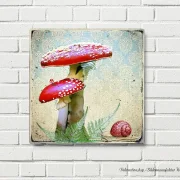 Fliegenpilz und Schnecke, Wandbild im Vintage Style, Landhausstil als Leinwandbild