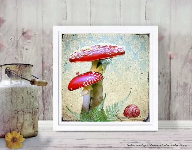 Fliegenpilz und Schnecke, Wandbild im Vintage Style, Landhausstil als Kunstdruck