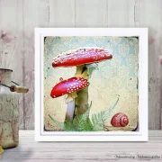 Fliegenpilz und Schnecke, Wandbild im Vintage Style, Landhausstil als Kunstdruck