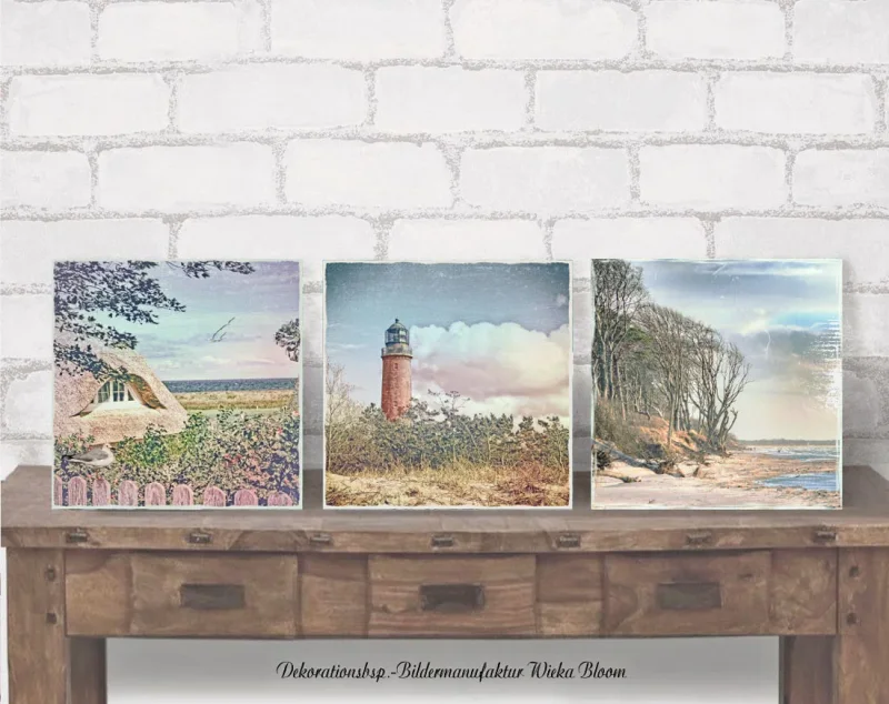 ostseebilder, darß als holzdruck im shabby chic