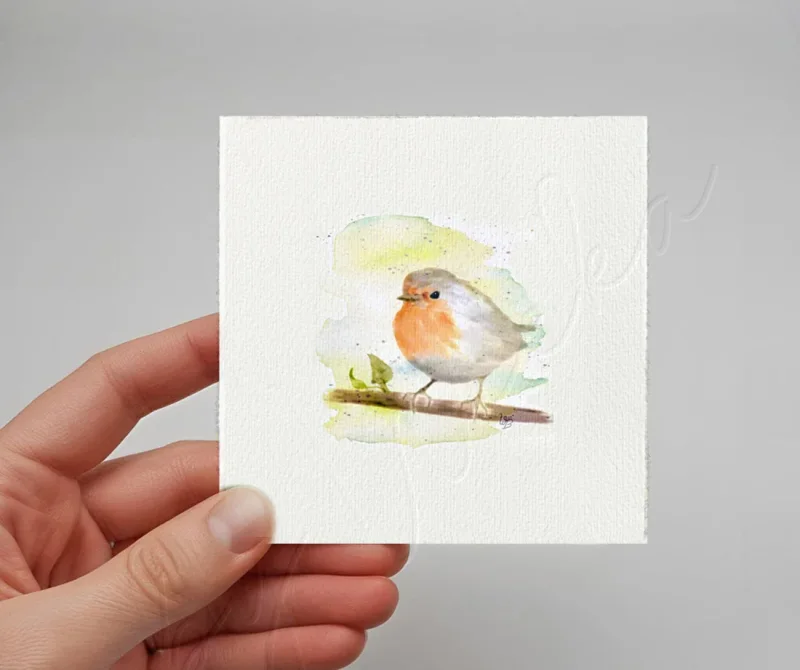 Rotkehlchen - Aquarell, Miniatur Kunstdruck auf Büttenpapier