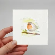 Rotkehlchen - Aquarell, Miniatur Kunstdruck auf Büttenpapier
