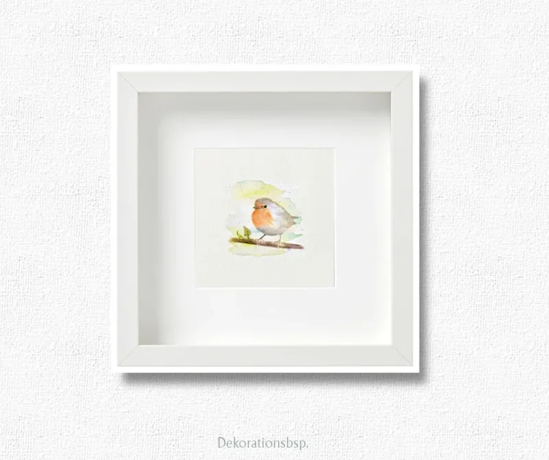 Rotkehlchen - Aquarell, Miniatur Kunstdruck auf Büttenpapier