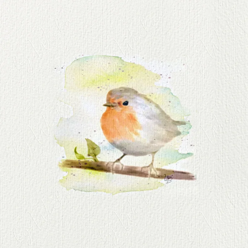 Rotkehlchen - Aquarell, Miniatur Kunstdruck auf Büttenpapier