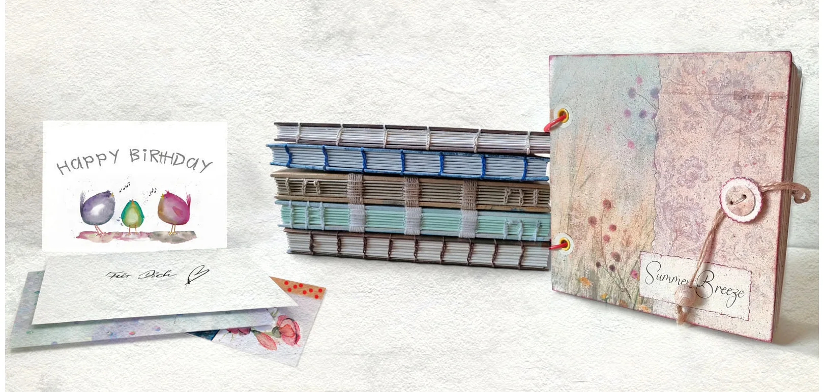 Handgebundene Bücher, Alben, Grußkarten, Geburtstagskarten, Material für Scrapbooking